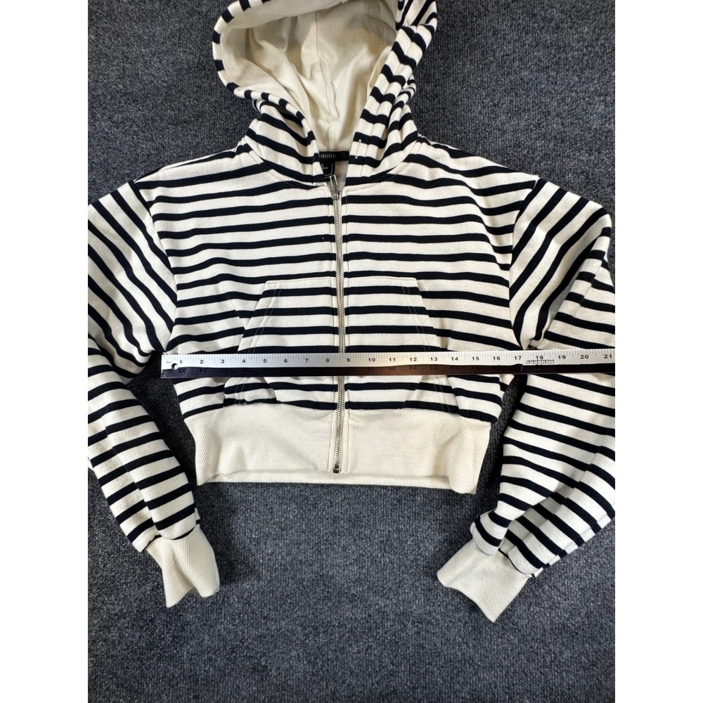 Forever 21 Striped Cropped Zip Up Hoodie Black Cream Small Sweatshirt - Picture 5 of 5
